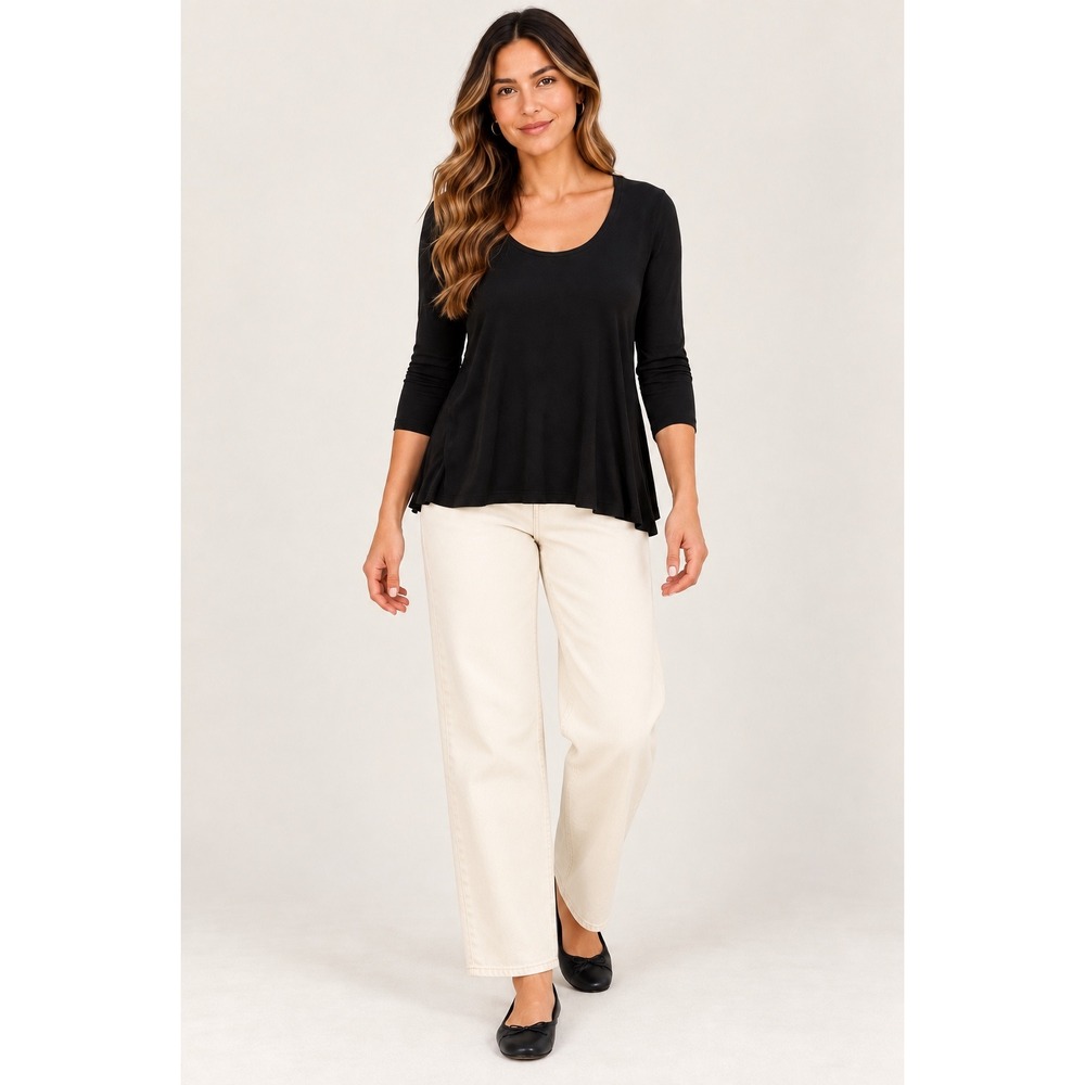 Eileen Fisher Black Scoop Neck Long Sleeve Top Minimalist Quiet Luxury Large